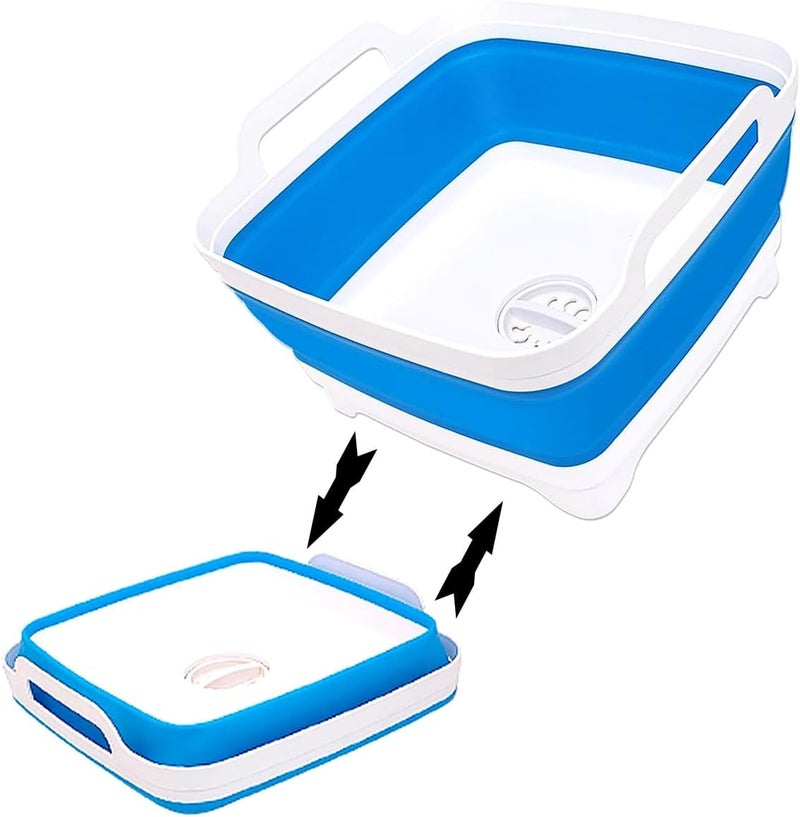 ZhildChen n Collapsible Dish Pans for Washing Dishes 9L Portable Wash Dish Basin Foldable Laundry Tub with Drain Plug for Kitchen Sink Camping RV Accessories (White blue) - Image 2